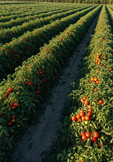 Rows of tomato plants loaded with ripe red tomatoes in a sunlit field.
