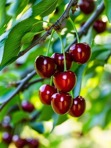 A cluster of ripe cherries hanging from a tree branch.