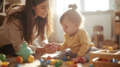 Mother playing on the floor with her baby in a sunlit room.