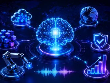 Digital brain connected to cloud, AI, and data security icons.