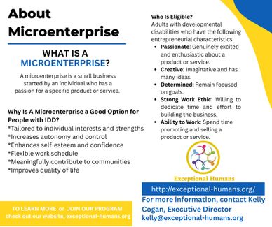 Informative flyer about microenterprise benefits and eligibility for adults with developmental disabilities.