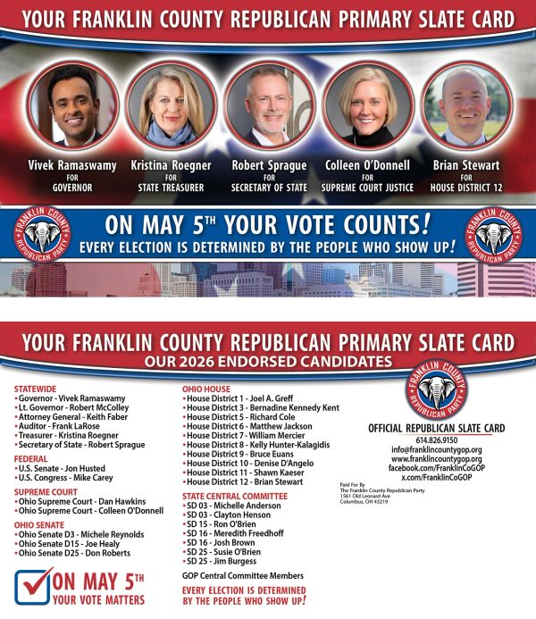 Republican primary slate card for Franklin County with candidates and voting information.