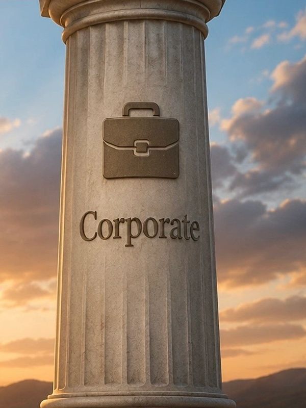 A sign with a briefcase icon and the word 'Corporate' against a cloudy sky.