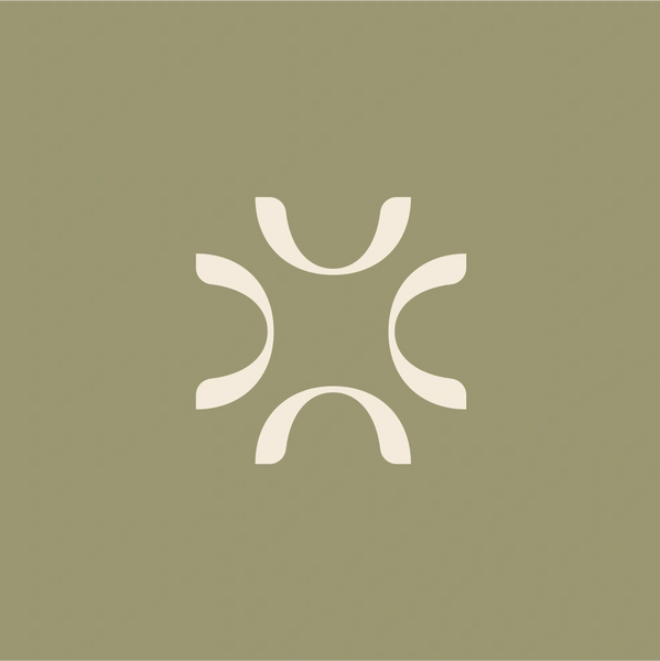 Abstract beige shapes forming a symmetrical pattern on olive green background.