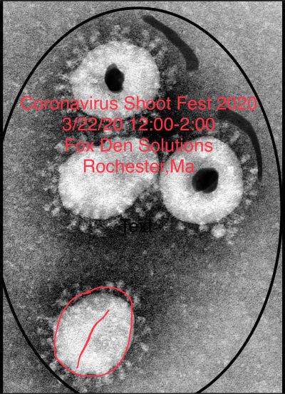Microscopic image of coronavirus particles with event text overlay.