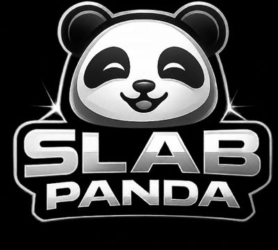 Smiling panda logo with shiny silver text 'SLAB PANDA' on black background.