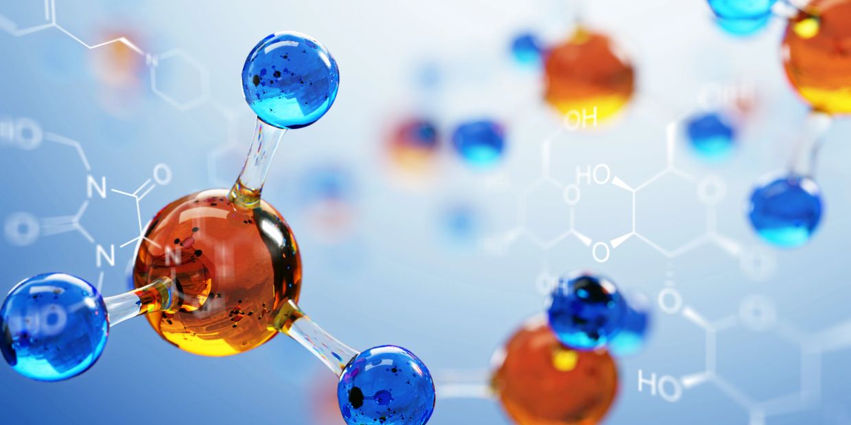 Close-up of molecular model with colored atoms.
