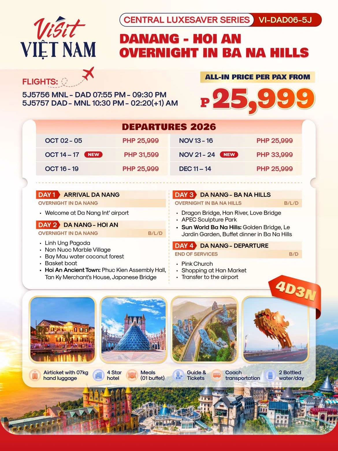 Travel package for Da Nang, Hoi An, and Ba Na Hills in Vietnam.