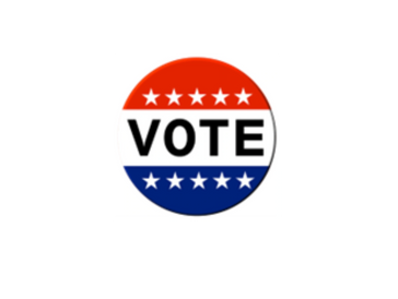Circular voting badge with red, white, and blue colors and stars.
