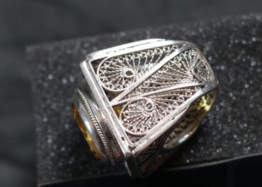 Sterling Silver Filigree design ring with Yellow Sapphire