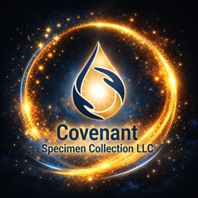 Glowing logo of Covenant Specimen Collection LLC with golden sparkles.