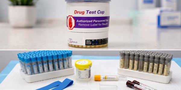 Drug test cup and medical tubes for sample collection.