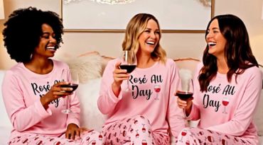 Three women in matching pink pajamas enjoying wine and laughter together.