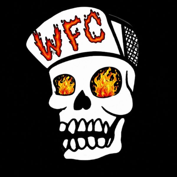A flaming-eyed skull wearing a cap labeled 'WFC' with fiery letters.