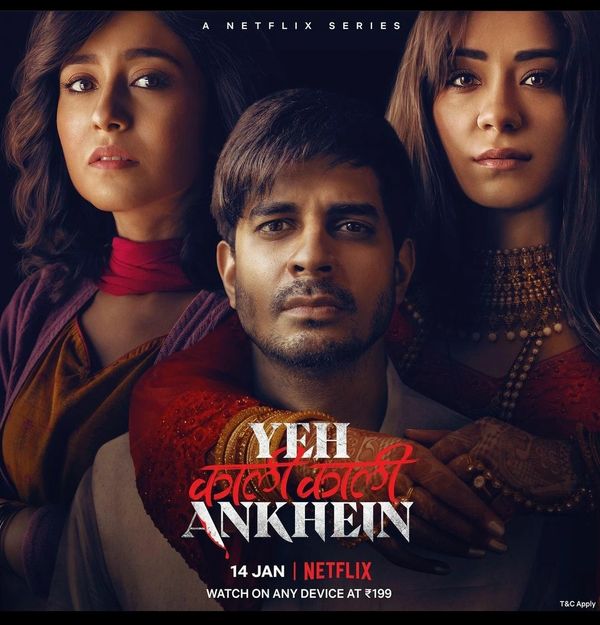 Promotional poster of Netflix series 'Yeh Kaali Kaali Ankhein' featuring three main characters.