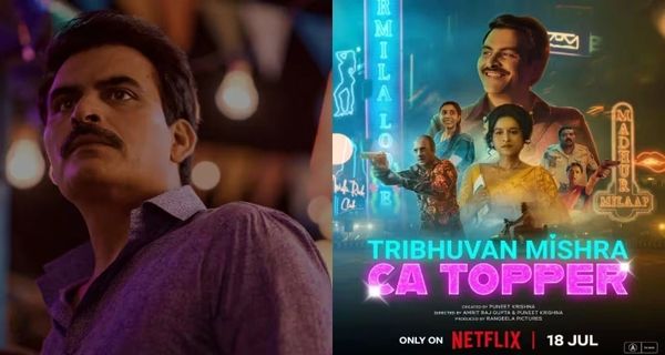 Promotional poster of the Netflix series 'Tribhuvan Mishra CA Topper' featuring lead characters.