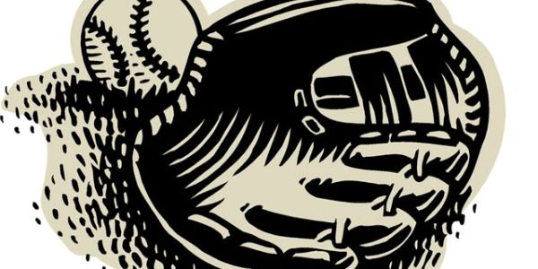 Black and white illustration of a baseball glove and ball.