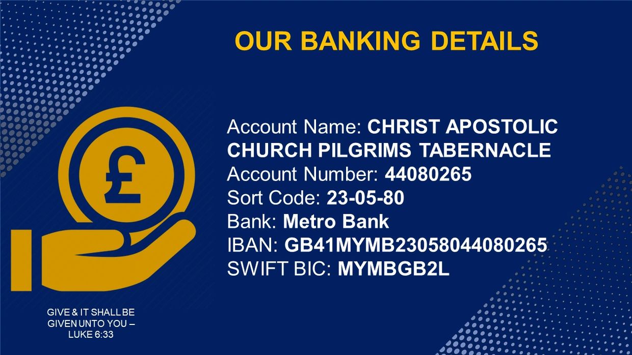 Banking details for Christ Apostolic church