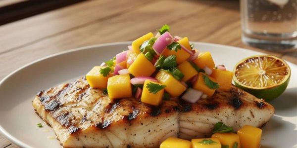 Grilled fish topped with fresh mango salsa and a charred lime wedge.