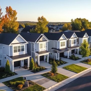 Row of modern suburban townhouses with autumn trees.
