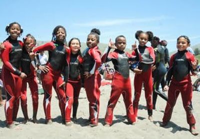 Group of children in wetsuits posing on the beach under a clear sky.