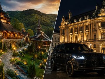 Charming mountain village at sunset and luxury car in front of illuminated city building at night.