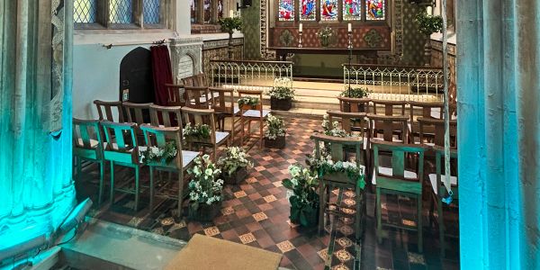 Church interior decorated for a wedding.