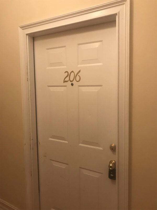 White door with the number 206 and a keypad lock.