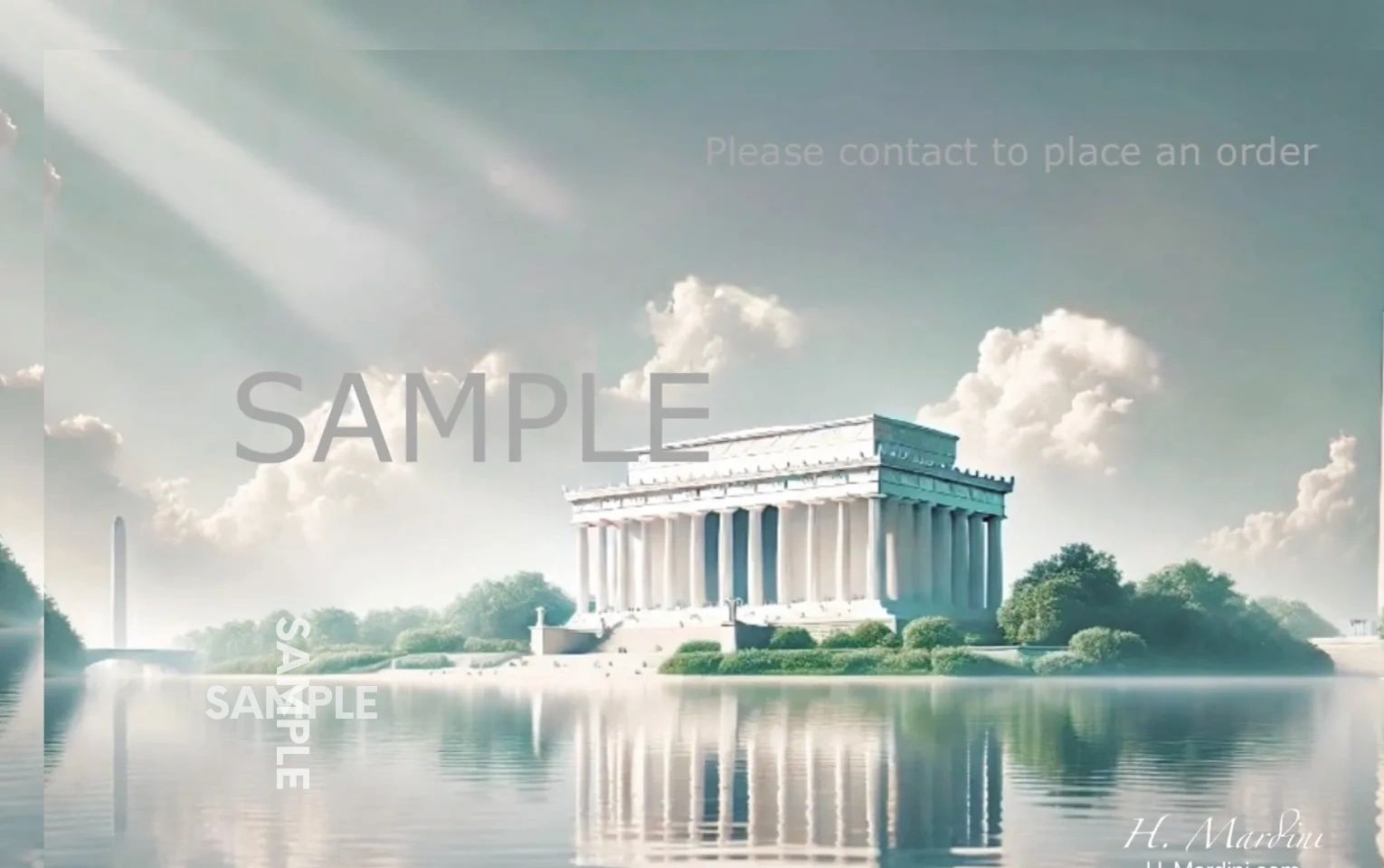 Lincoln Memorial with reflections and Washington Monument in a serene setting.
