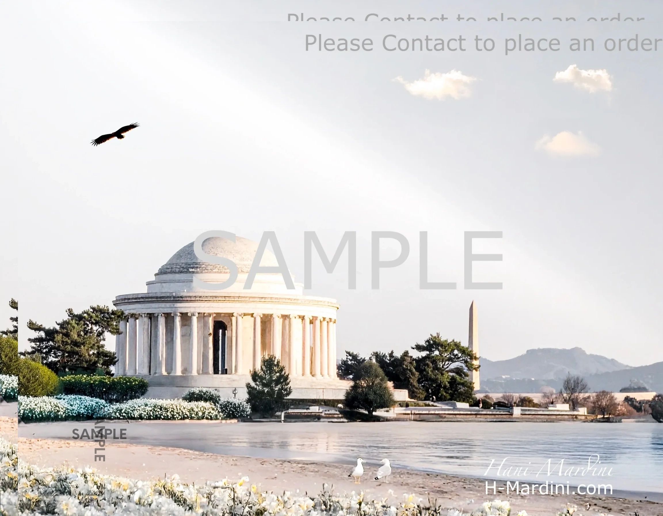The Jefferson Memorial by the water with birds and flowers on a bright day.