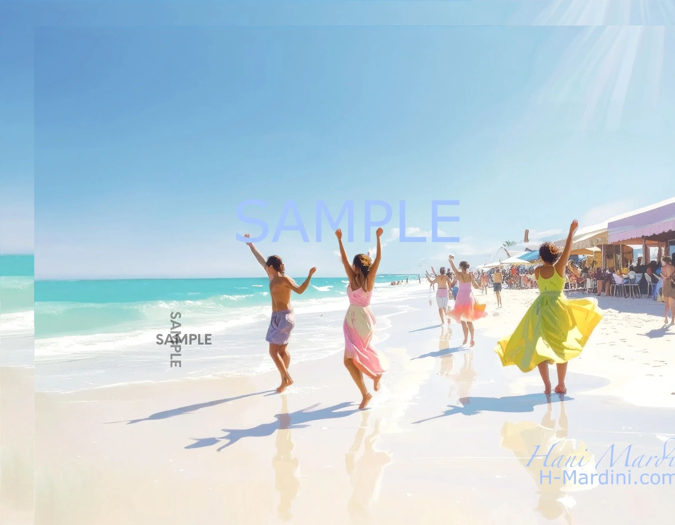 People joyfully dance along a sunny beach with clear blue skies and turquoise water.