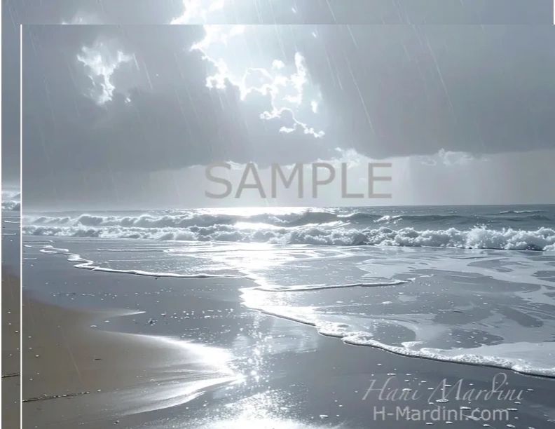 A rainy beach scene with waves and sunlight breaking through clouds.