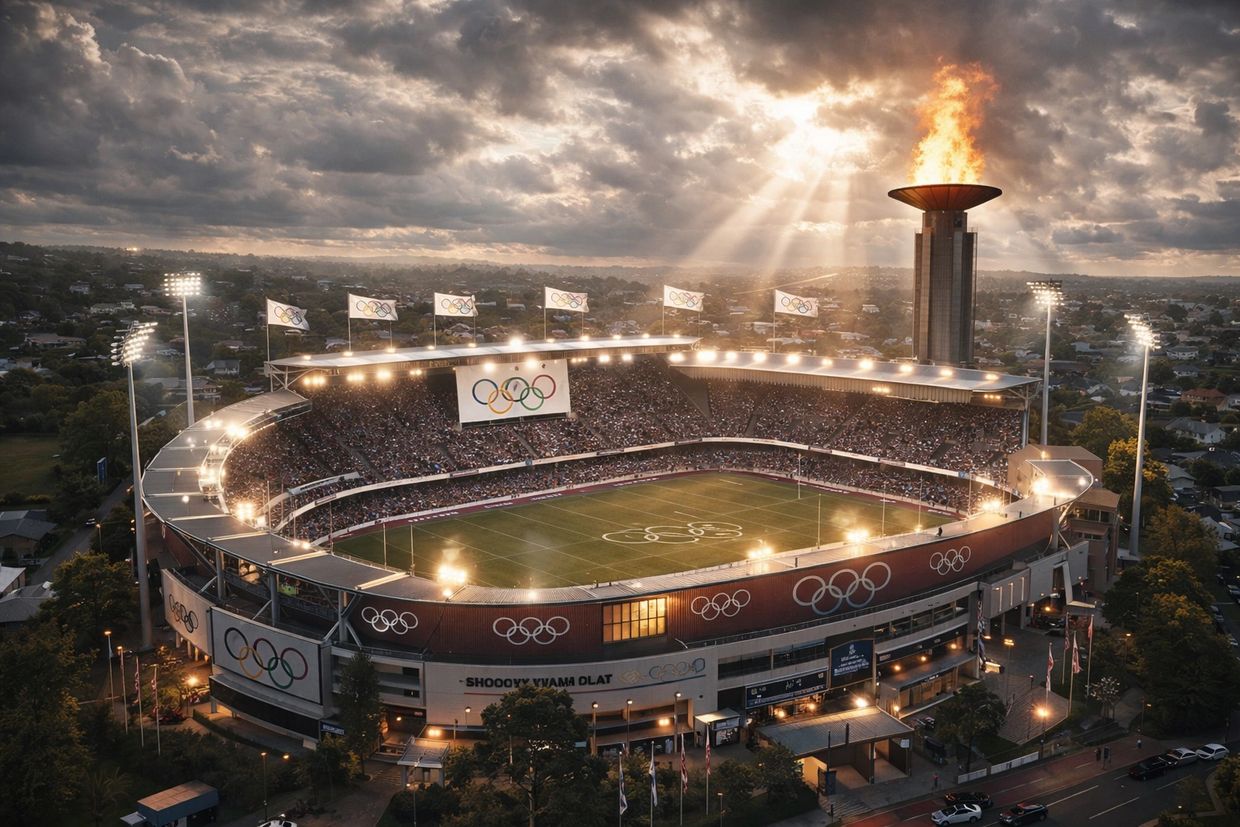 A large Olympic stadium with the Olympic flame burning and cloudy sky.