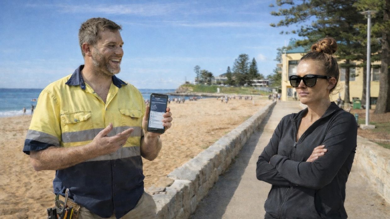 Man shows phone to woman at beach, woman looks unimpressed with arms crossed.