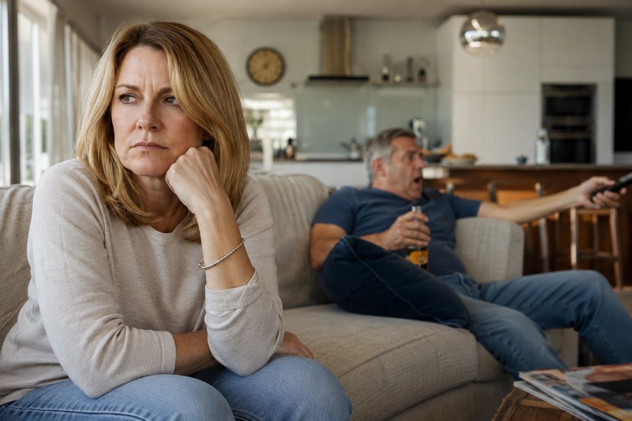 Woman looks upset while man watches TV drinking beer in the background.