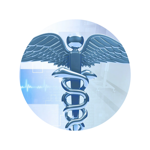 Silver caduceus medical symbol with wings and entwined snakes.