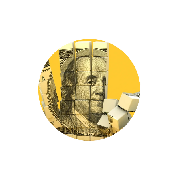 A fragmented 3D puzzle of a Benjamin Franklin dollar bill on yellow background.