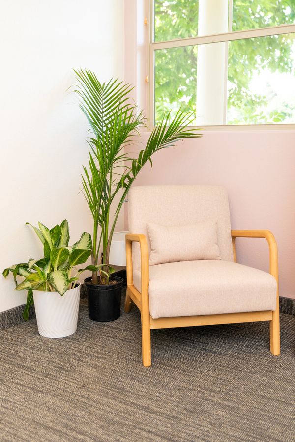 Beige armchair with wooden arms beside two potted plants near a window.
