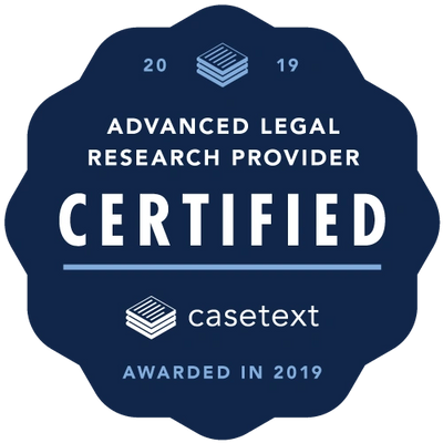 Casetext Badge Certified Advanced Legal Research Provider, awarded in 2019
