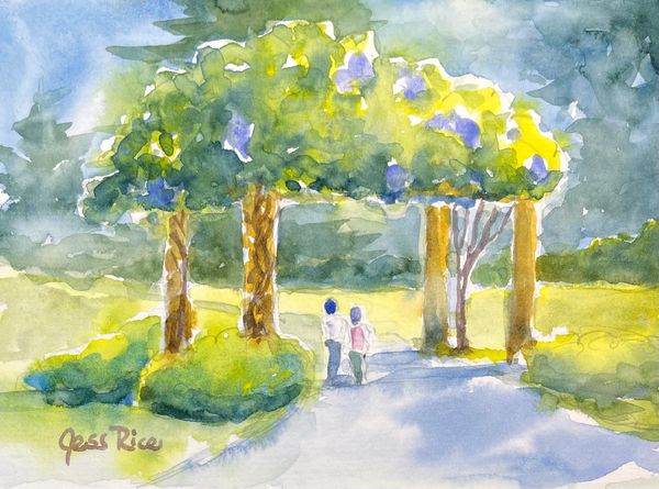 Watercolor of two people walking under a vibrant tree canopy on a sunny path.