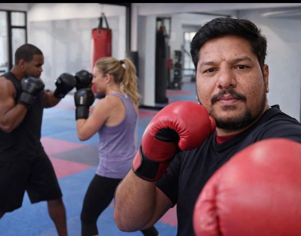 Man in red boxing gloves posing in gym with two people sparring in background.
