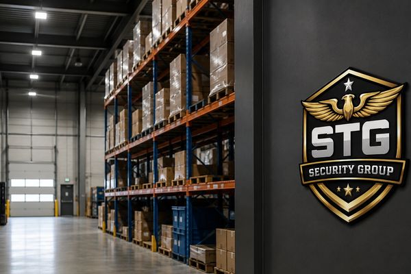 Warehouse interior with STG Security Group logo on wall.