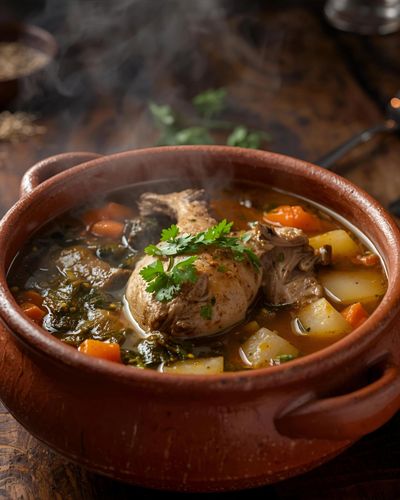 Cazulea de pollo a Chilean bone in chicken soup with cochayuo seaweed carrots and potatoes