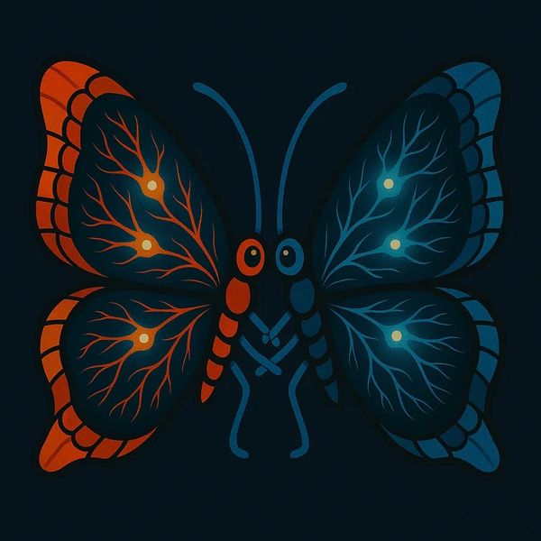 Stylized butterfly with contrasting red and blue wings featuring glowing neuron-like patterns.