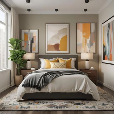 Modern bedroom with abstract art, yellow pillows, and gray bedspread.