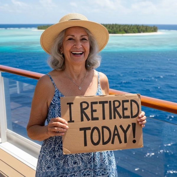 Smiling woman on a cruise holding a sign that says "I RETIRED TODAY!"