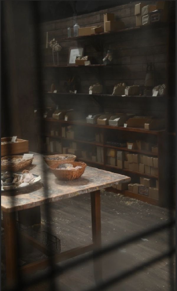 Messy shelving units through window