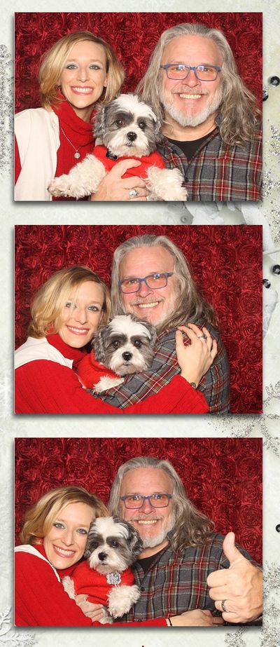 Image of a photostrip and Chris, Ivy and their dog are posing and hugging in 3 photos on a photostri