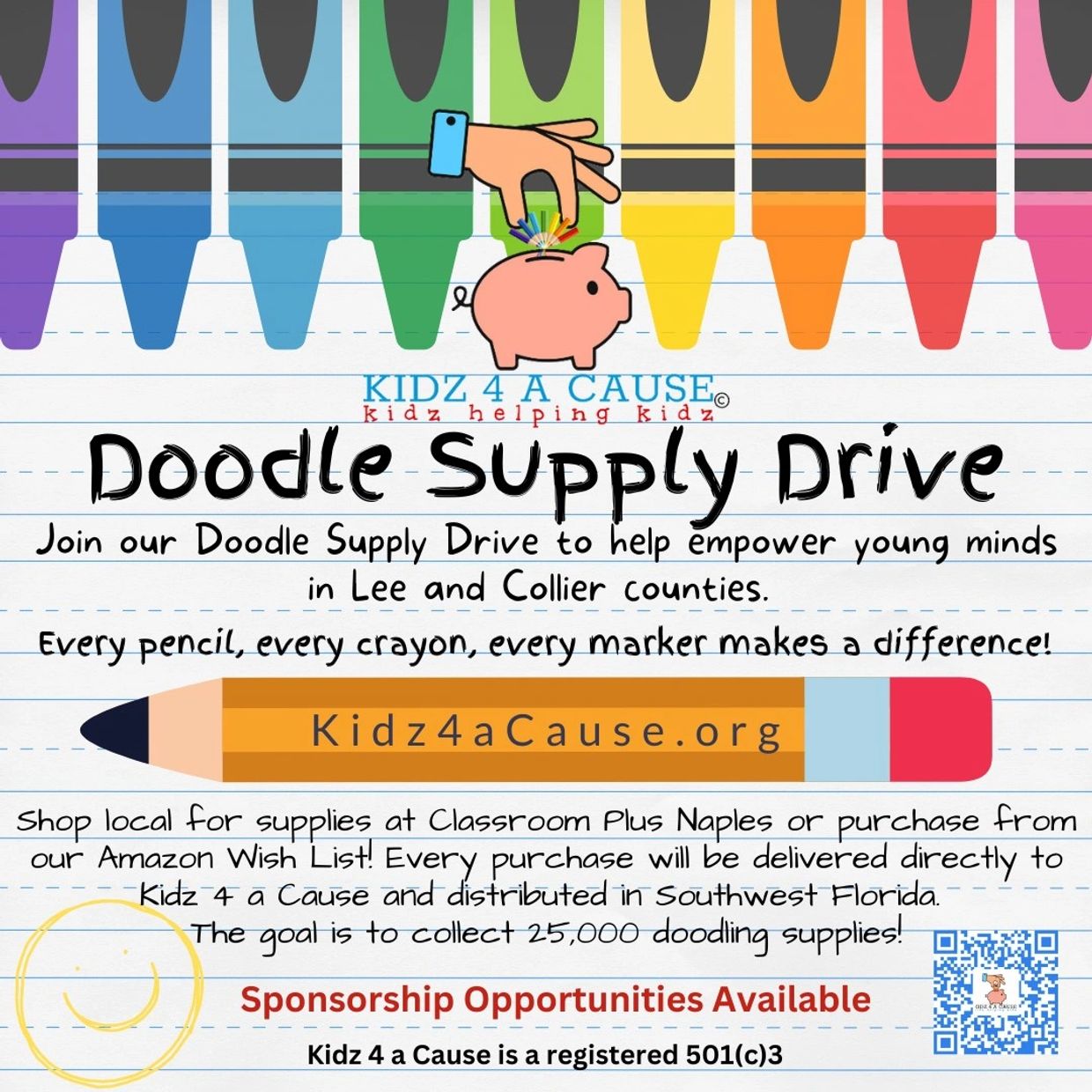Flyer for Kidz 4 a Cause Doodle Supply Drive.