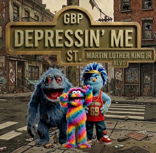Three colorful puppet characters stand on a rundown street beneath a sign reading 'Depressin' Me St. Martin Luther King Jr Blvd.'
